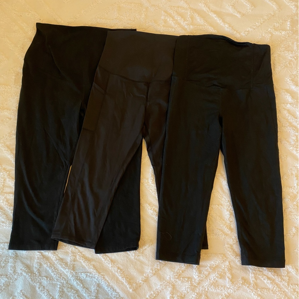 Three Black Cropped Maternity Leggings- Large